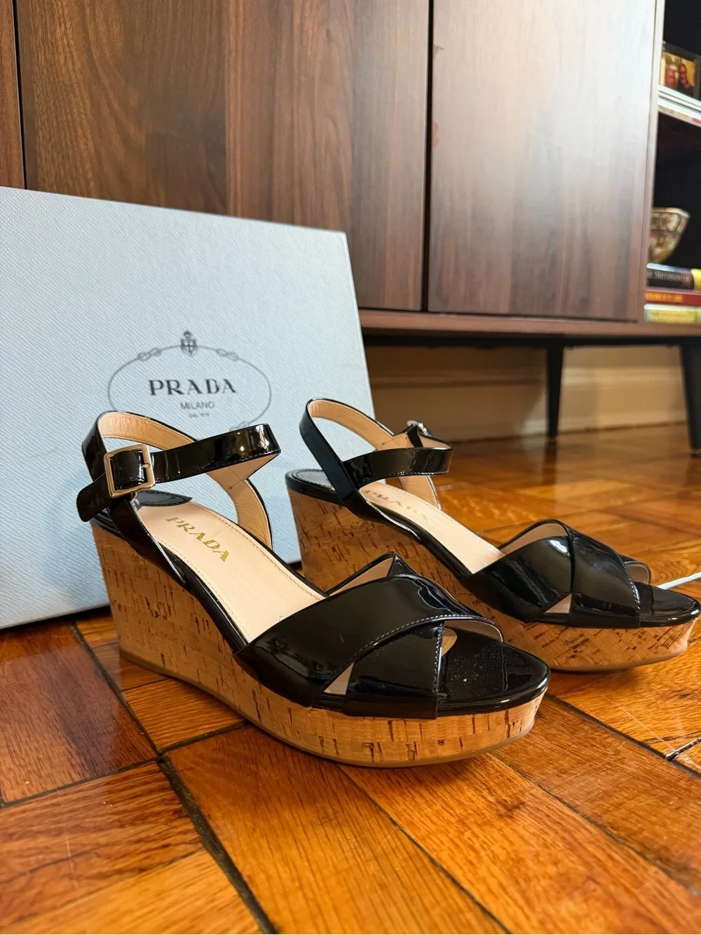 Prada Black Patent Leather Cork Wedge Sandals